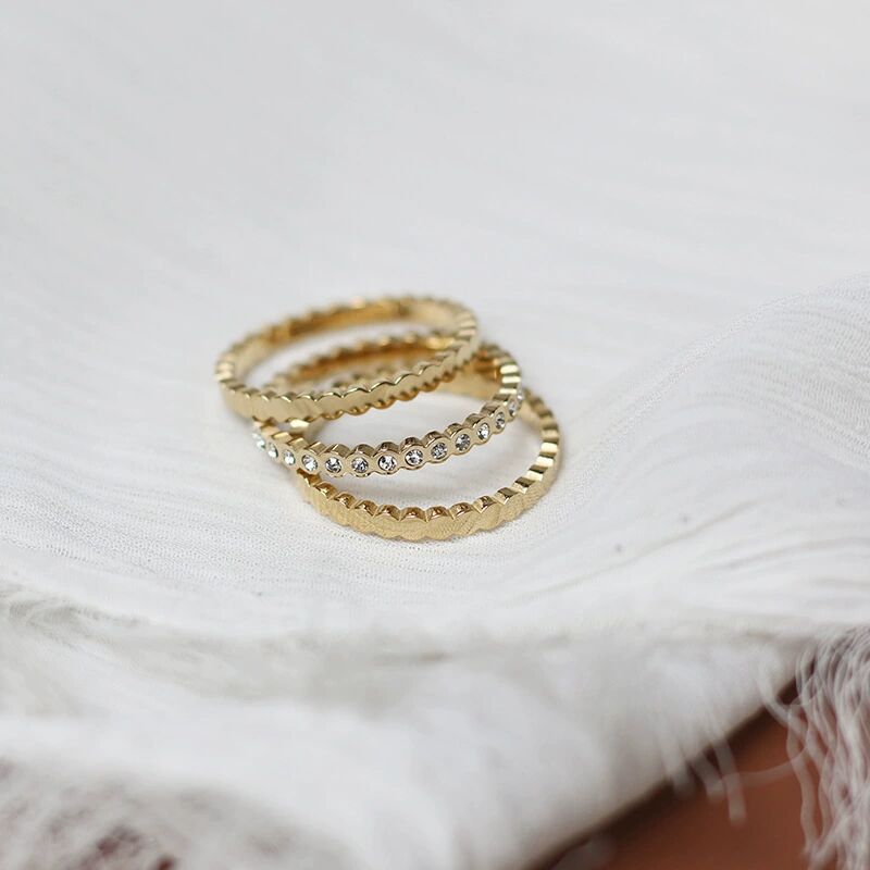 Stacked With A Honeycomb Full Diamond Round Ring Three-Piece Set  