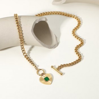 Heart Shaped Pendant With Green Agate OT Buckle Cuban Chain Necklace