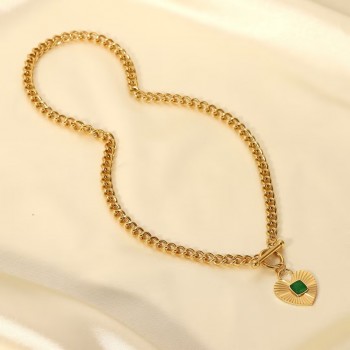 Heart Shaped Pendant With Green Agate OT Buckle Cuban Chain Necklace