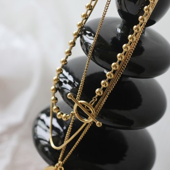 Three-layer Set Round Bead OT Buckle European and American Double Coin Medal Snake Bone Necklace