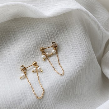 Freshwater Pearl Mini Small Japanese Irregular small Pearl Chain Back Hanging Gold Bead Earrings