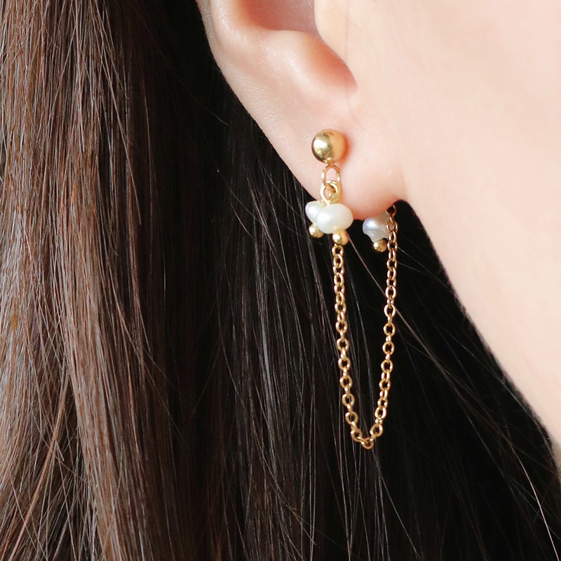 Freshwater Pearl Mini Small Japanese Irregular small Pearl Chain Back Hanging Gold Bead Earrings 