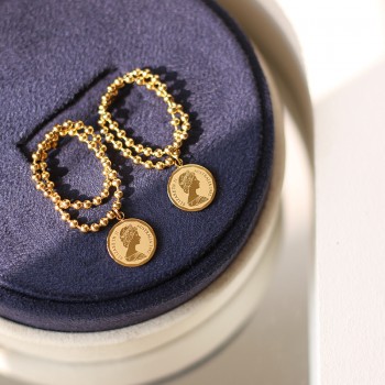 Gold Coin Queen Head Necklace Round Bead Chain Stud Earrings 