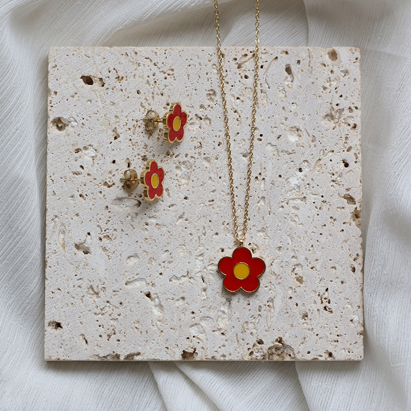 Little Red Flower New Year Daisy Enamel Epoxy Small Flower Necklace Clavicle Chain Earrings 