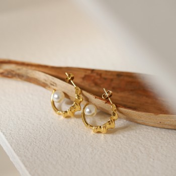 Vintage Vacation Style Conch Fossil Pearl Stud Earrings