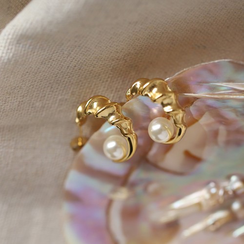 Vintage Vacation Style Conch Fossil Pearl Stud Earrings