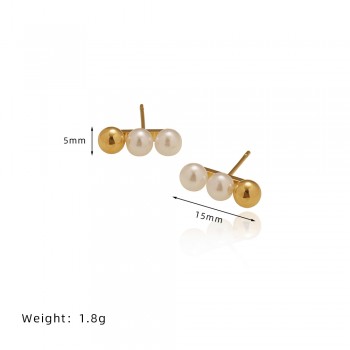 Minimalist Gold Bean Metal Bead Imitation Pearl Small Stud Earrings