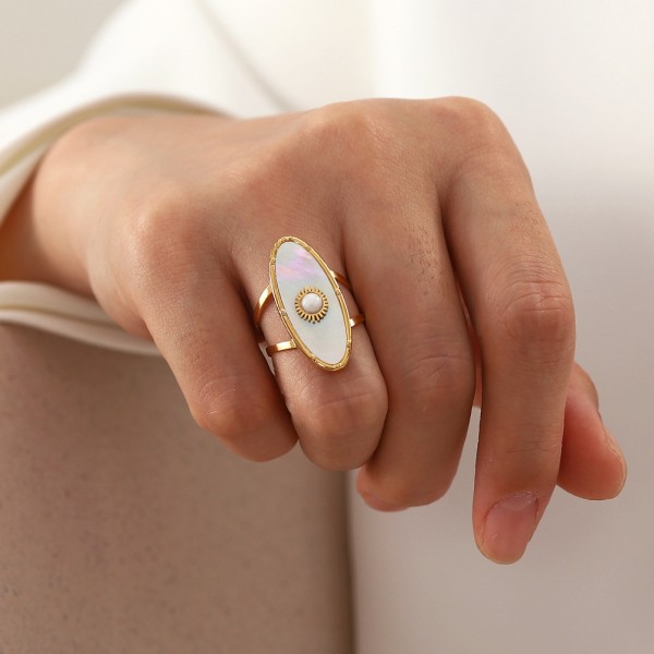 Stainless Steel Oval Pearl Open Adjustable Ring