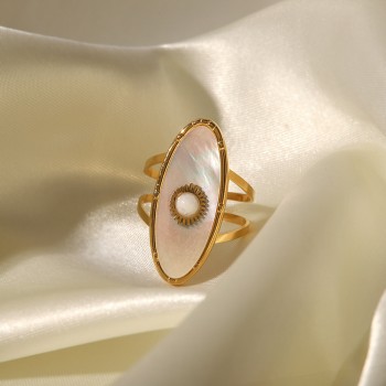 Stainless Steel Oval Pearl Open Adjustable Ring 