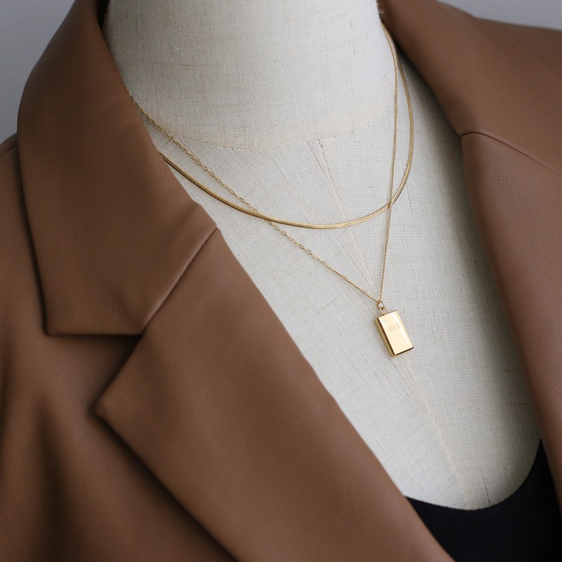 Snake Bone Chain Double Layer Gold Bar Gold Block Square Brick Necklace Short Chain 