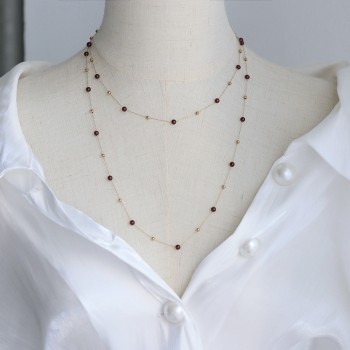 Sweater Chain Handmade Gold Bead Chain Natural Garnet Wine Red Short Necklace