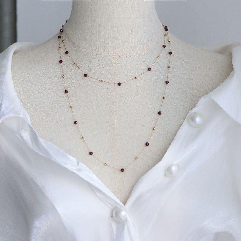 Sweater Chain Handmade Gold Bead Chain Natural Garnet Wine Red Short Necklace 