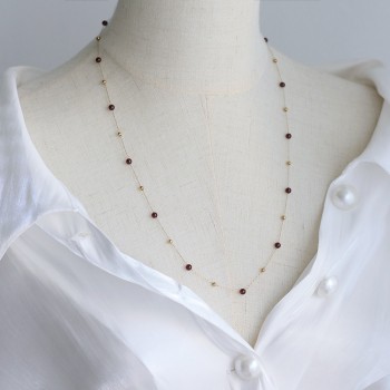 Sweater Chain Handmade Gold Bead Chain Natural Garnet Wine Red Short Necklace