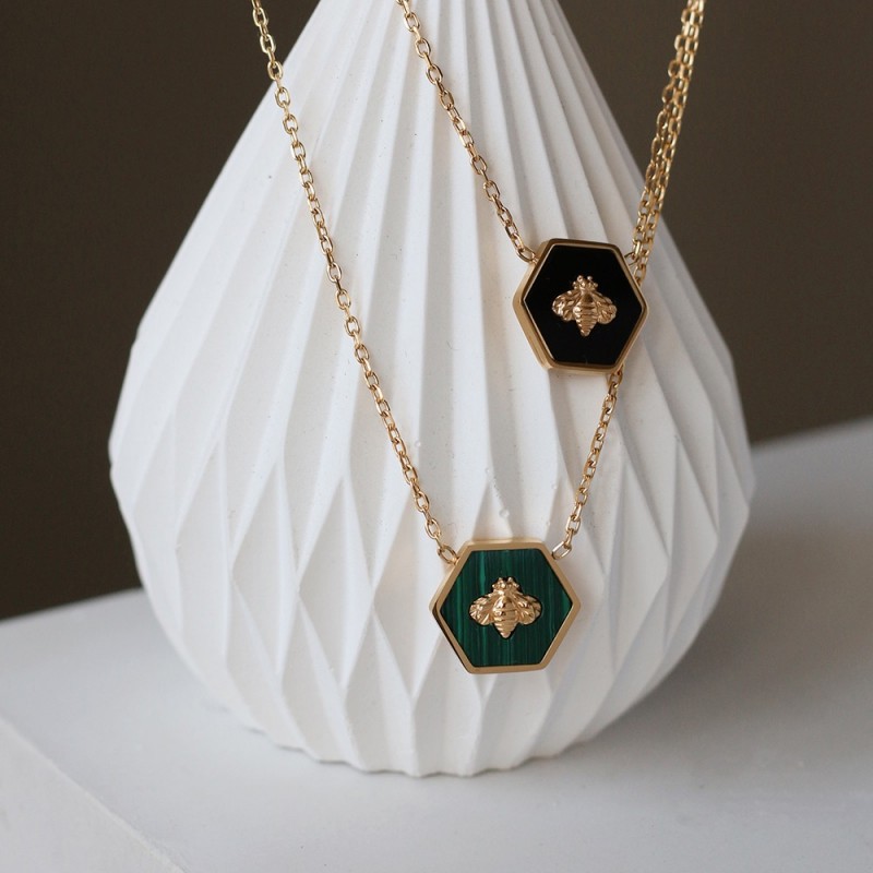 Honeycomb Little Bee Hexagon Green Stripe RETRO BLACK NECKLACE