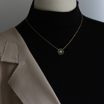 Honeycomb Little Bee Hexagon Green Stripe RETRO BLACK NECKLACE