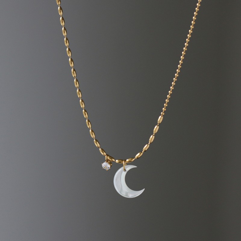 Natural White Shell mother-of-pearl Moon Claw Diamond Crescent Stitching Bead Necklace 