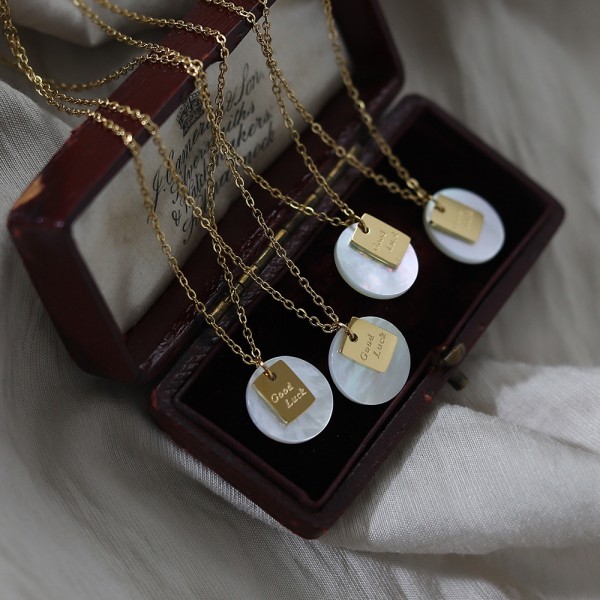 Round Natural White Shell Luck Square Letter Necklace