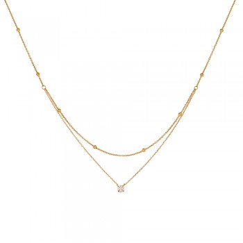 Exquisite Single Diamond Double Layer Necklace with Gold Beads Clavicle Chain 