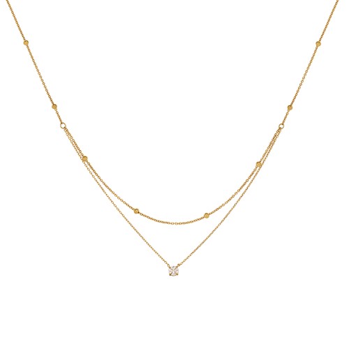 Exquisite Single Diamond Double Layer Necklace with Gold Beads Clavicle Chain