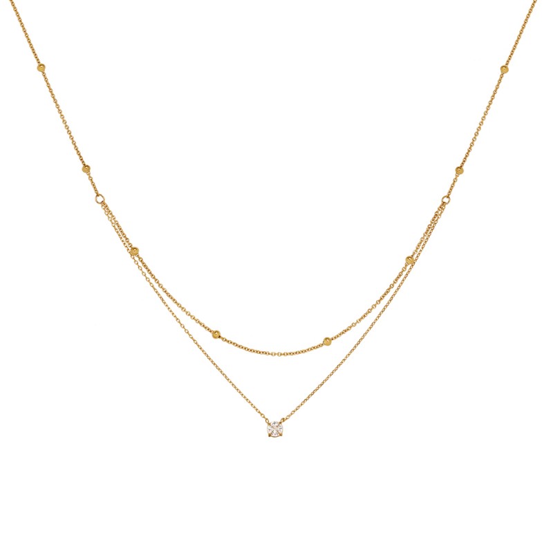 Exquisite Single Diamond Double Layer Necklace with Gold Beads Clavicle Chain 