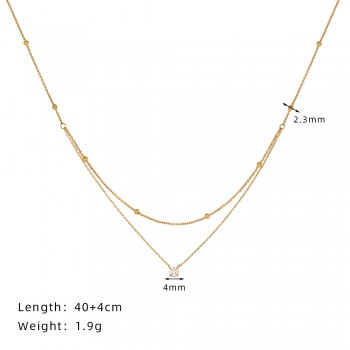 Exquisite Single Diamond Double Layer Necklace with Gold Beads Clavicle Chain