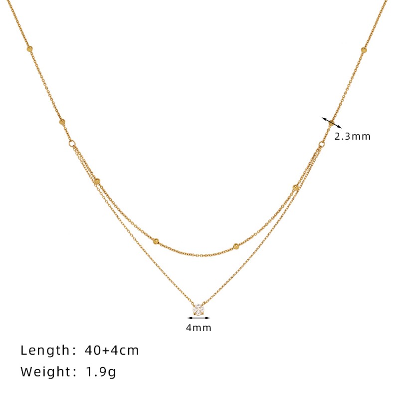 Exquisite Single Diamond Double Layer Necklace with Gold Beads Clavicle Chain 