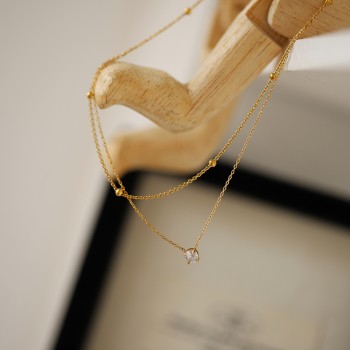 Exquisite Single Diamond Double Layer Necklace with Gold Beads Clavicle Chain