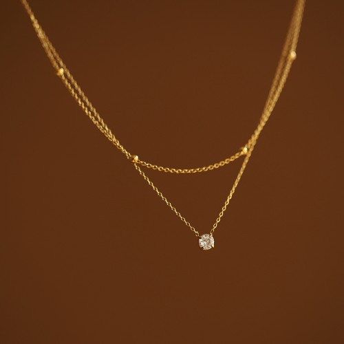 Exquisite Single Diamond Double Layer Necklace with Gold Beads Clavicle Chain