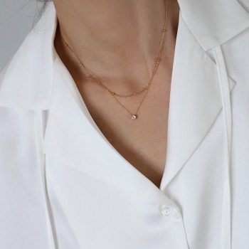 Exquisite Single Diamond Double Layer Necklace with Gold Beads Clavicle Chain