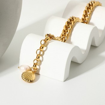 Stainless steel pearl bracelet 18k gold plated Cuban chain