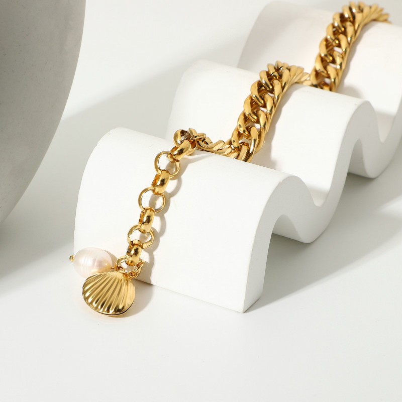 Stainless steel pearl bracelet 18k gold plated Cuban chain 