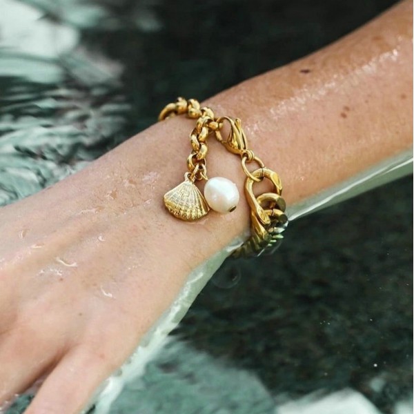 Stainless steel pearl bracelet 18k gold plated Cuban chain