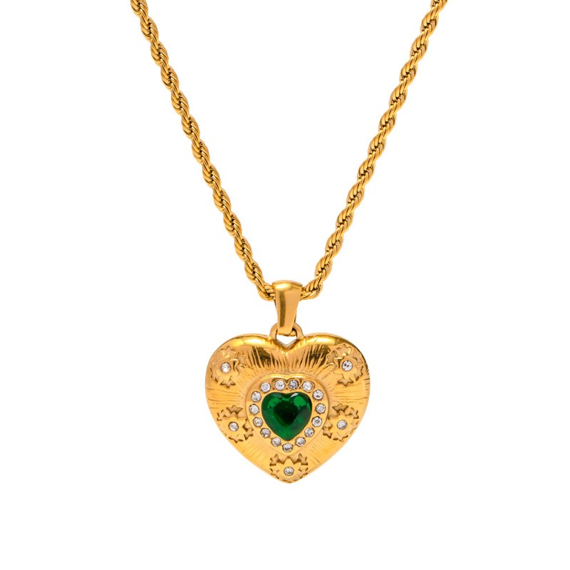 Gold texture hand-inlaid emerald white stone heart pendant necklace 