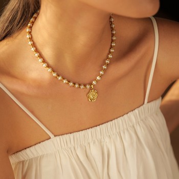 Stainless Steel Pearl Coin Pendant Necklace