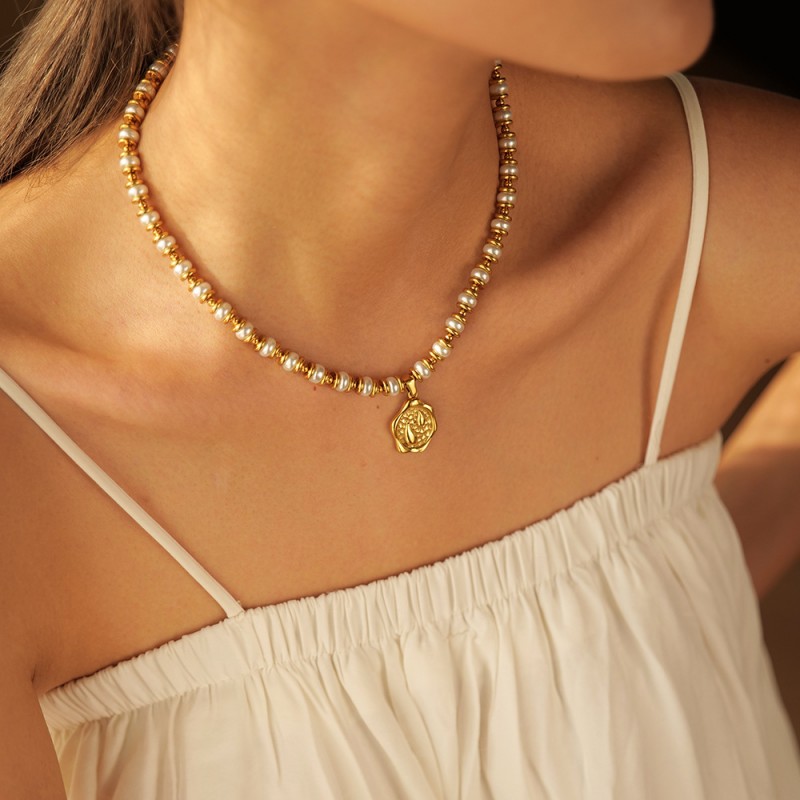 Stainless Steel Pearl Coin Pendant Necklace 