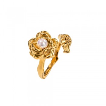 Stainless Steel Camellia Pearl Open Ring