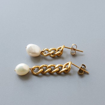 Freshwater Pearl Irregular Chain Length AB Asymmetric Earrings Titanium Steel Plated 18K Gold Without Fading