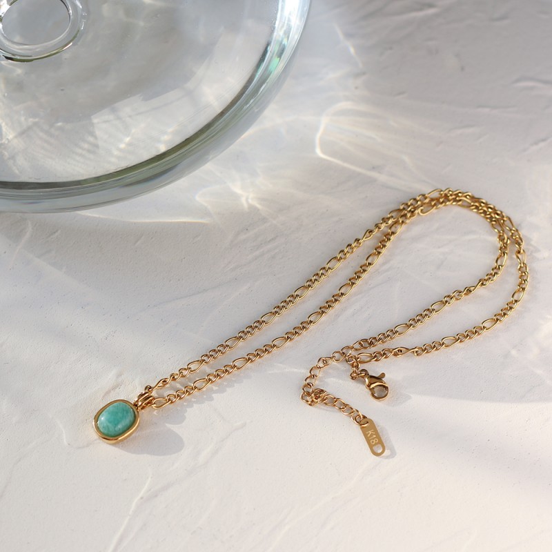 Mint Green Holiday Wind Roman Tianhe Stone Oval Natural Stone Necklace Clavicle Chain  