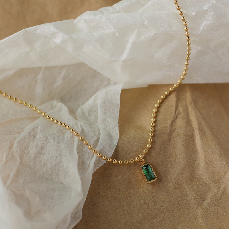 Light Luxury Compact Green Diamond Color Zirconium Square Round Bead Necklace Clavicle Chain 